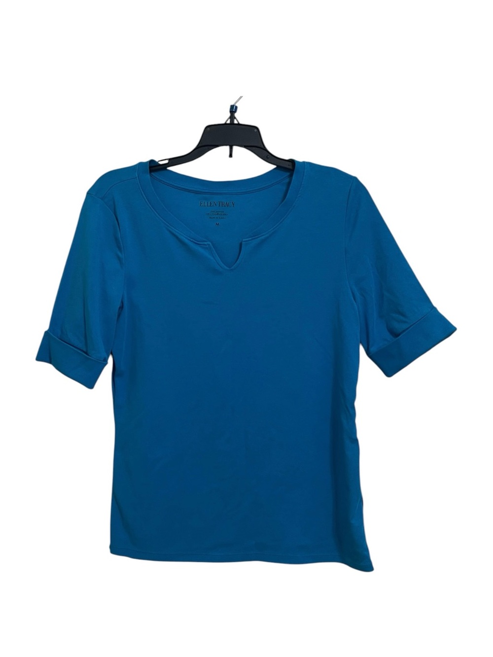 Ellen Tracy Teal Short Sleeve Notch-Neck Top